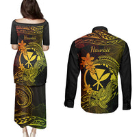 Hawaii Couples Matching Puletasi Dress and Long Sleeve Button Shirts Hammerhead Shark Tattoo Mix Polynesian Plumeria Reggae Version - Wonder Print Shop