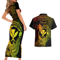 Hawaii Couples Matching Short Sleeve Bodycon Dress and Hawaiian Shirt Hammerhead Shark Tattoo Mix Polynesian Plumeria Reggae Version - Wonder Print Shop