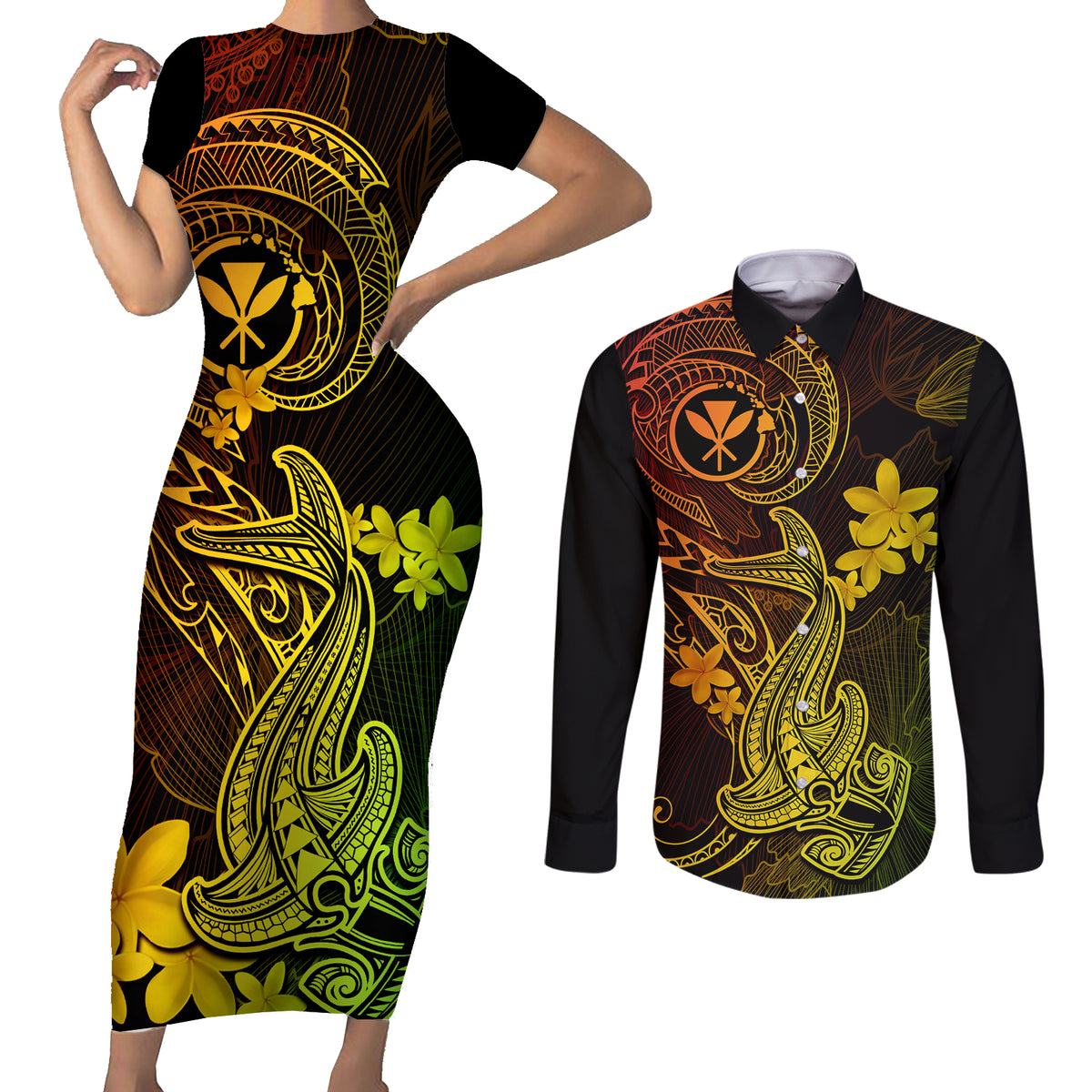 Hawaii Couples Matching Short Sleeve Bodycon Dress and Long Sleeve Button Shirts Hammerhead Shark Tattoo Mix Polynesian Plumeria Reggae Version - Wonder Print Shop