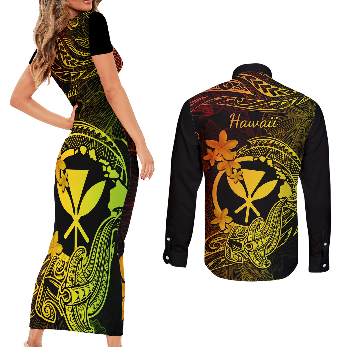 Hawaii Couples Matching Short Sleeve Bodycon Dress and Long Sleeve Button Shirts Hammerhead Shark Tattoo Mix Polynesian Plumeria Reggae Version - Wonder Print Shop