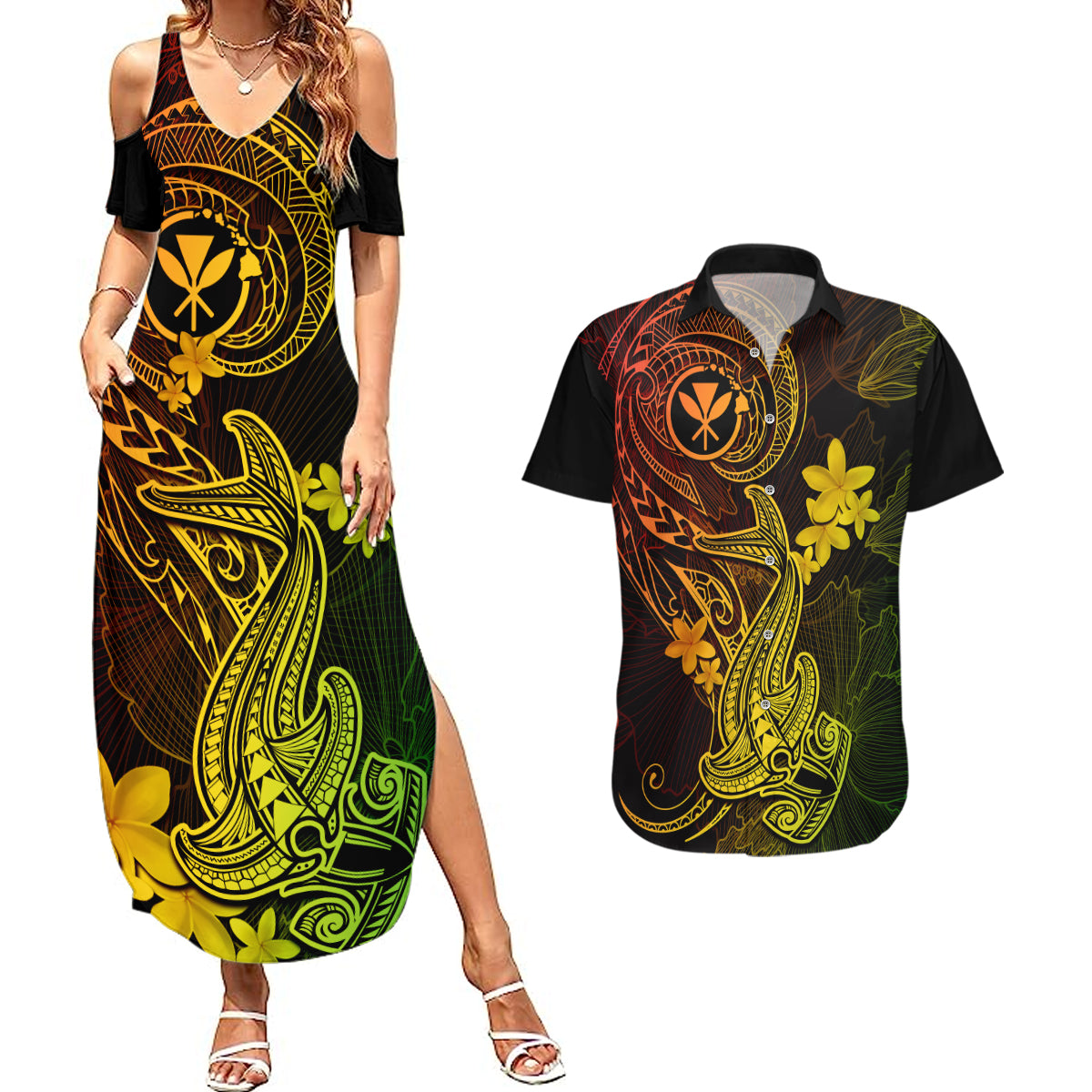 Hawaii Couples Matching Summer Maxi Dress and Hawaiian Shirt Hammerhead Shark Tattoo Mix Polynesian Plumeria Reggae Version - Wonder Print Shop