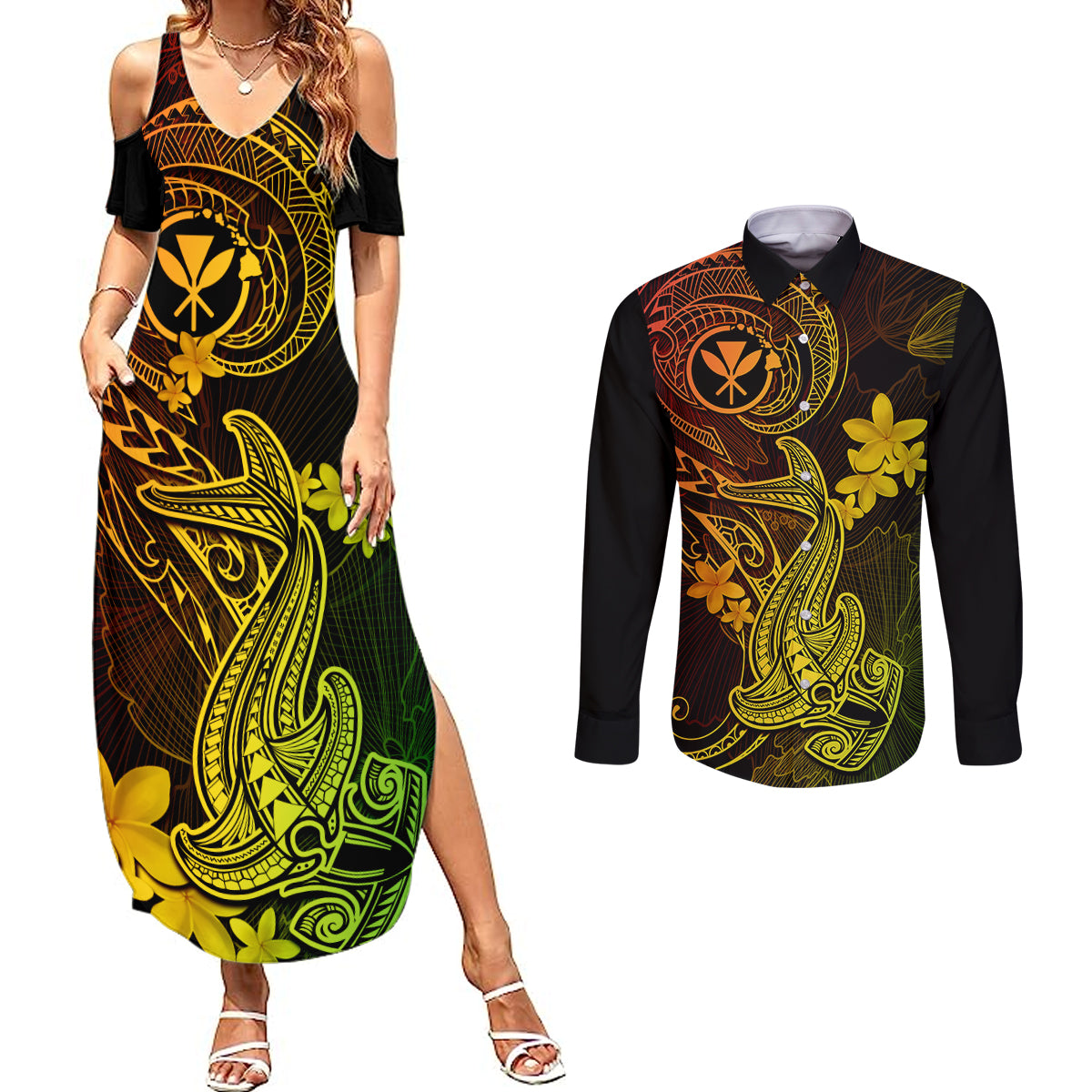 Hawaii Couples Matching Summer Maxi Dress and Long Sleeve Button Shirts Hammerhead Shark Tattoo Mix Polynesian Plumeria Reggae Version - Wonder Print Shop