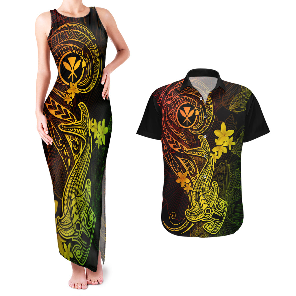 Hawaii Couples Matching Tank Maxi Dress and Hawaiian Shirt Hammerhead Shark Tattoo Mix Polynesian Plumeria Reggae Version - Wonder Print Shop