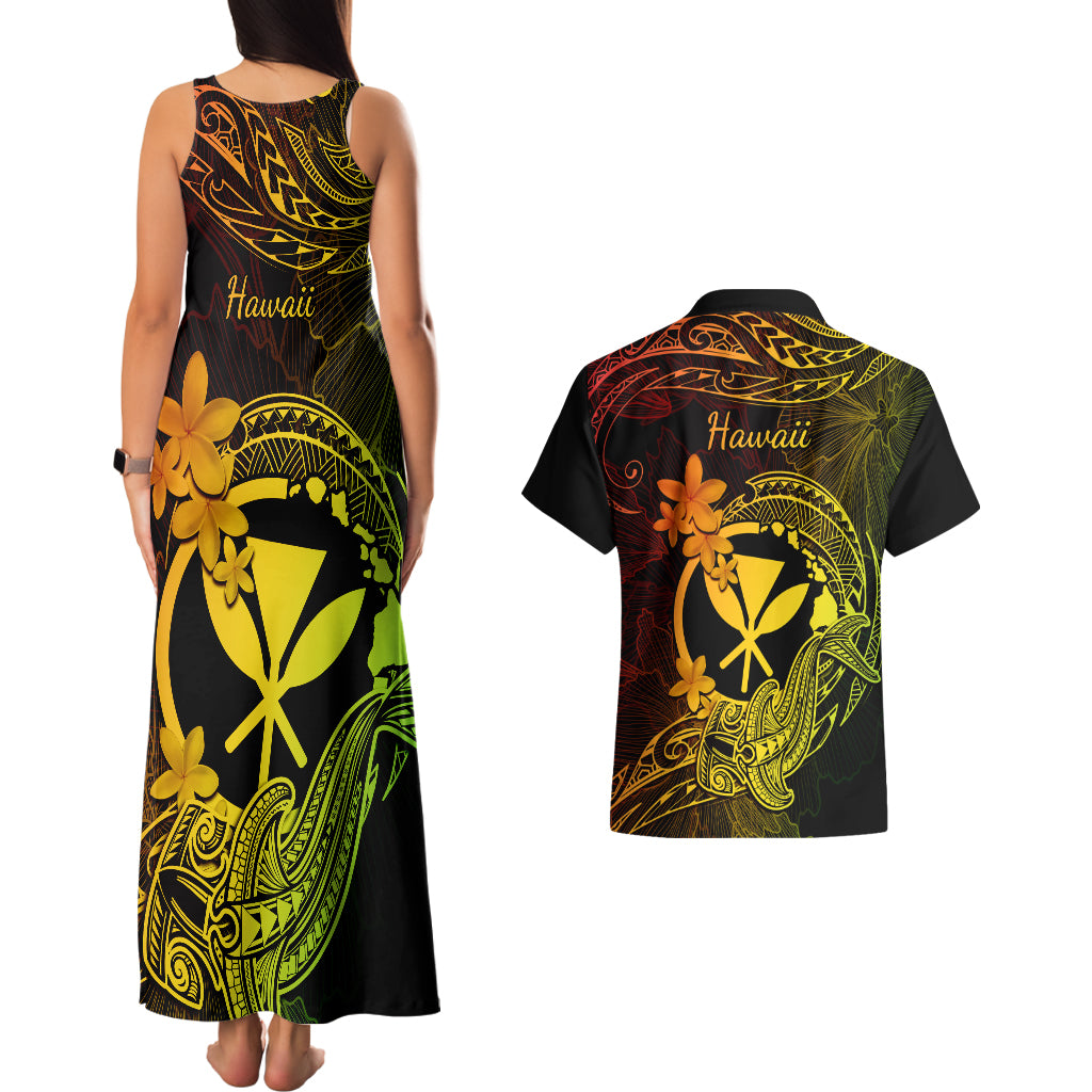 Hawaii Couples Matching Tank Maxi Dress and Hawaiian Shirt Hammerhead Shark Tattoo Mix Polynesian Plumeria Reggae Version - Wonder Print Shop