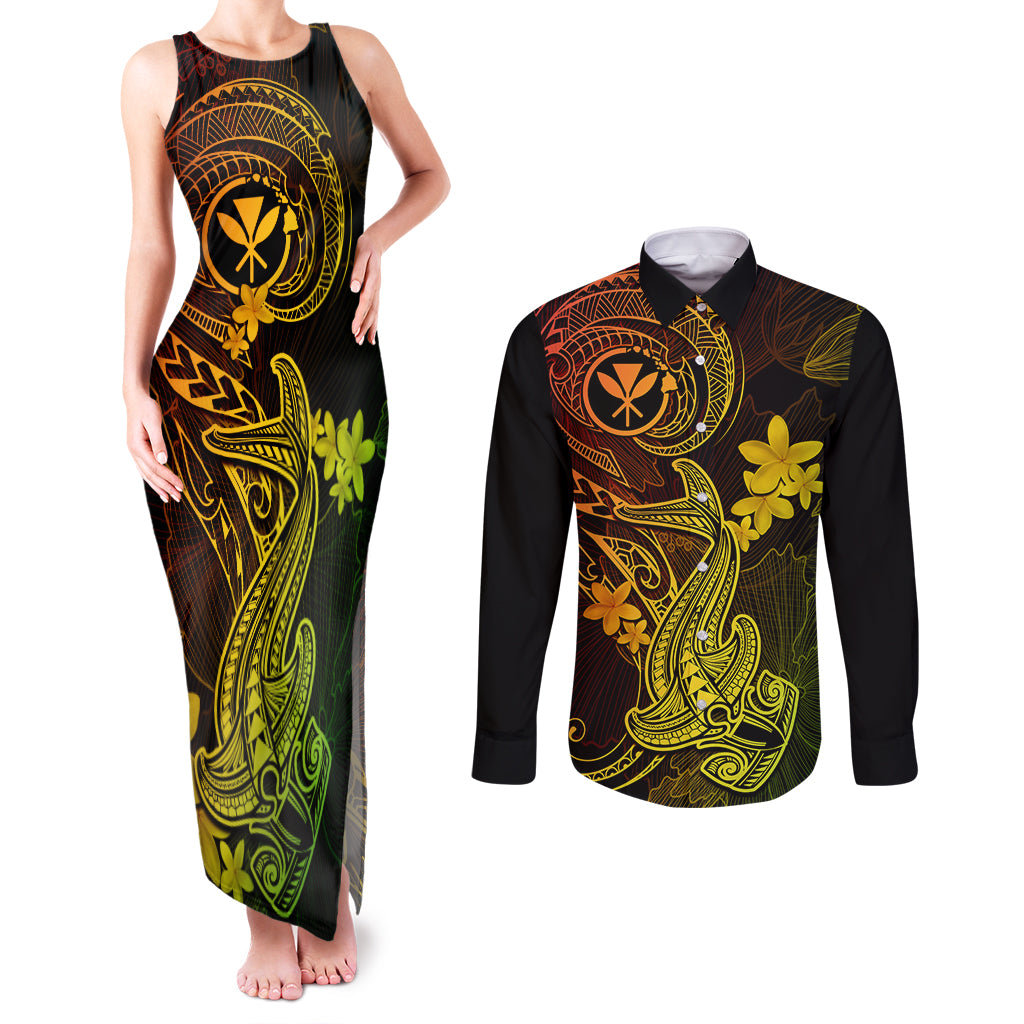 Hawaii Couples Matching Tank Maxi Dress and Long Sleeve Button Shirts Hammerhead Shark Tattoo Mix Polynesian Plumeria Reggae Version - Wonder Print Shop