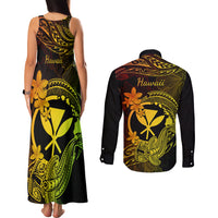Hawaii Couples Matching Tank Maxi Dress and Long Sleeve Button Shirts Hammerhead Shark Tattoo Mix Polynesian Plumeria Reggae Version - Wonder Print Shop