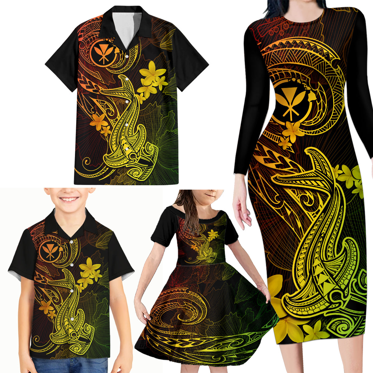 Hawaii Family Matching Long Sleeve Bodycon Dress and Hawaiian Shirt Hammerhead Shark Tattoo Mix Polynesian Plumeria Reggae Version - Wonder Print Shop