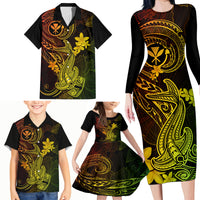 Hawaii Family Matching Long Sleeve Bodycon Dress and Hawaiian Shirt Hammerhead Shark Tattoo Mix Polynesian Plumeria Reggae Version - Wonder Print Shop