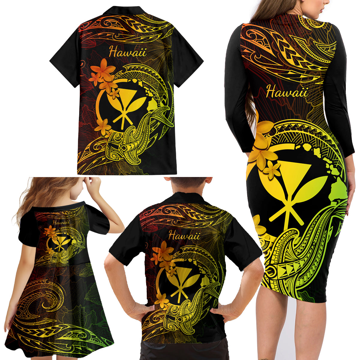 Hawaii Family Matching Long Sleeve Bodycon Dress and Hawaiian Shirt Hammerhead Shark Tattoo Mix Polynesian Plumeria Reggae Version - Wonder Print Shop