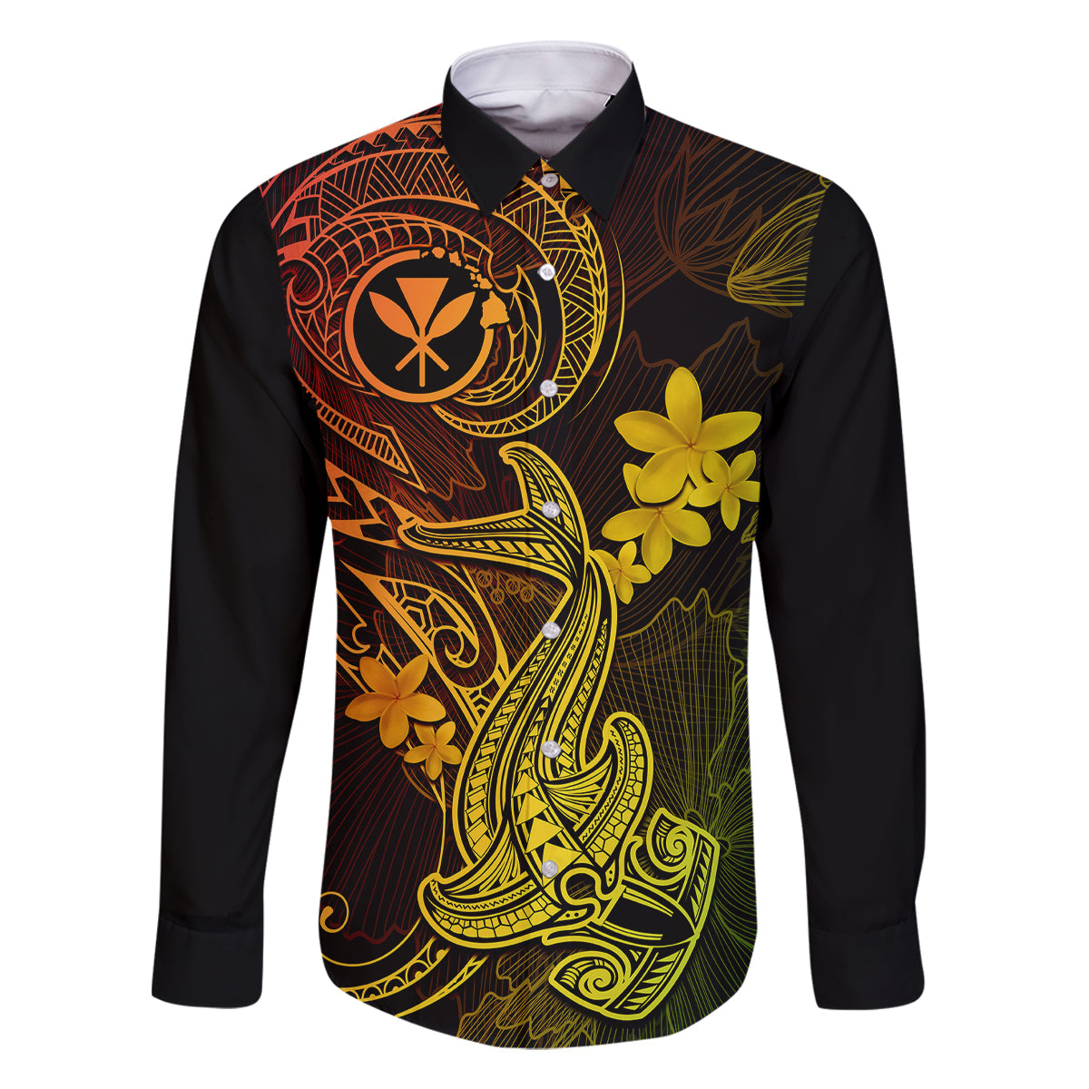 Hawaii Family Matching Long Sleeve Bodycon Dress and Hawaiian Shirt Hammerhead Shark Tattoo Mix Polynesian Plumeria Reggae Version - Wonder Print Shop