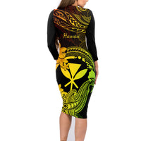 Hawaii Family Matching Long Sleeve Bodycon Dress and Hawaiian Shirt Hammerhead Shark Tattoo Mix Polynesian Plumeria Reggae Version - Wonder Print Shop