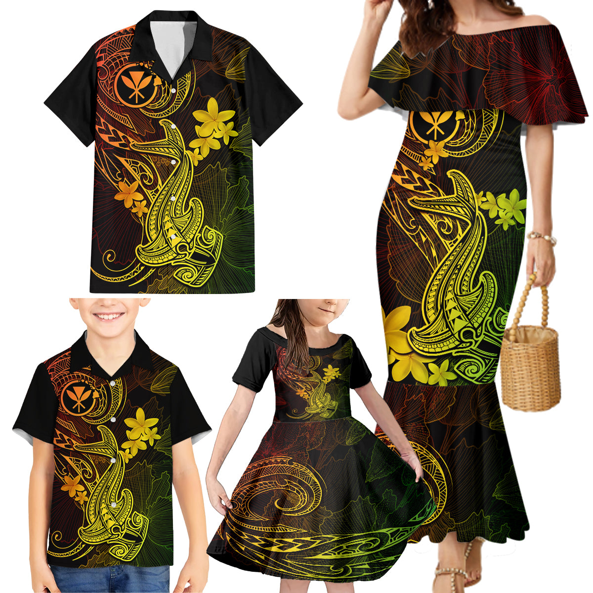 Hawaii Family Matching Mermaid Dress and Hawaiian Shirt Hammerhead Shark Tattoo Mix Polynesian Plumeria Reggae Version - Wonder Print Shop