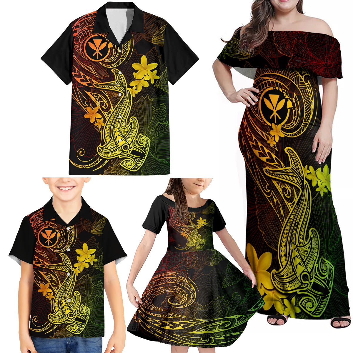 Hawaii Family Matching Off Shoulder Maxi Dress and Hawaiian Shirt Hammerhead Shark Tattoo Mix Polynesian Plumeria Reggae Version - Wonder Print Shop