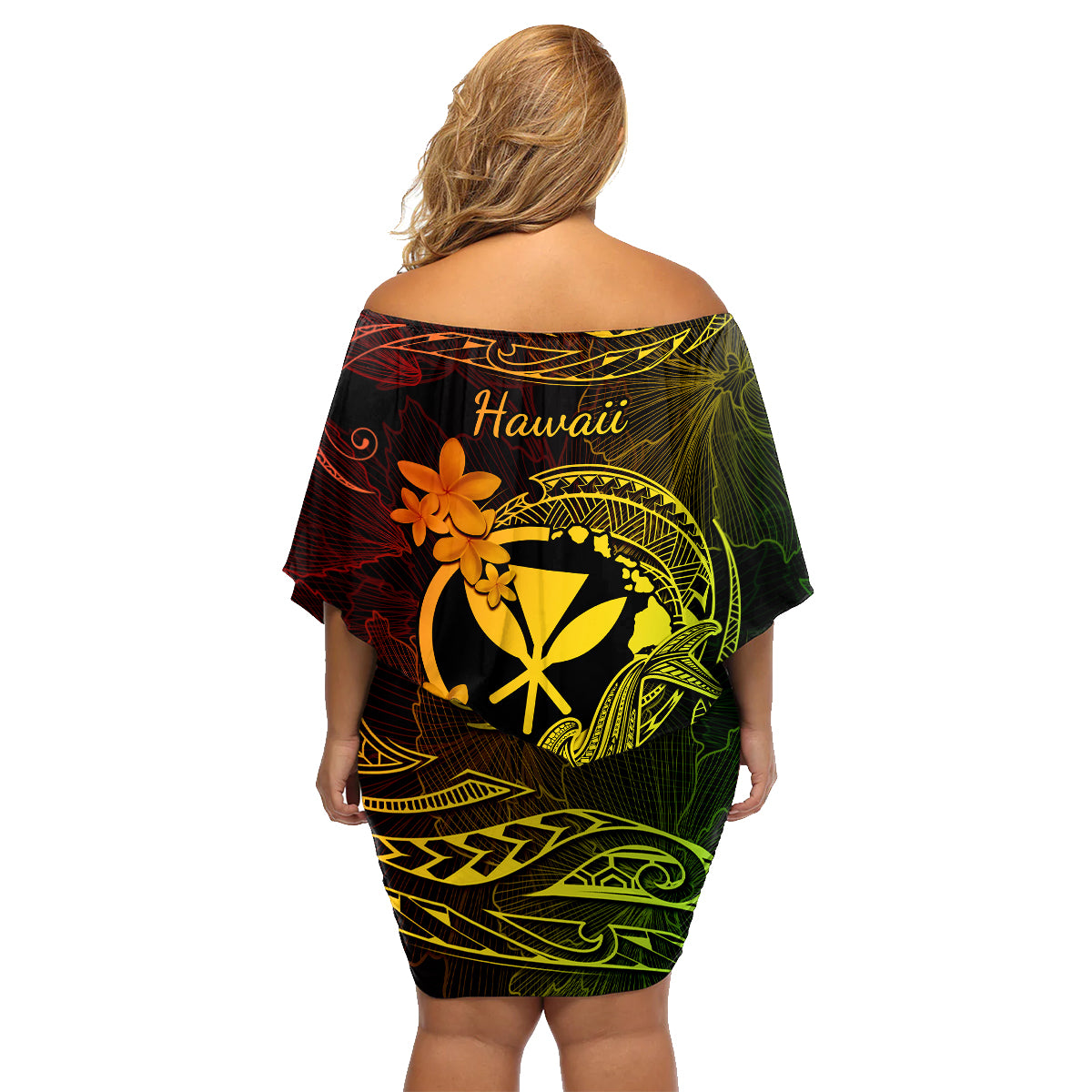 Hawaii Family Matching Off Shoulder Short Dress and Hawaiian Shirt Hammerhead Shark Tattoo Mix Polynesian Plumeria Reggae Version - Wonder Print Shop