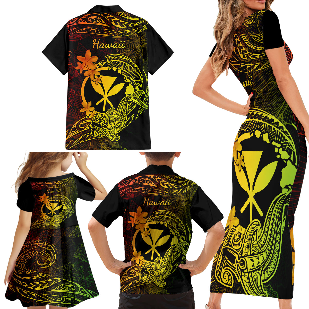 Hawaii Family Matching Short Sleeve Bodycon Dress and Hawaiian Shirt Hammerhead Shark Tattoo Mix Polynesian Plumeria Reggae Version - Wonder Print Shop