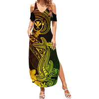 Hawaii Family Matching Summer Maxi Dress and Hawaiian Shirt Hammerhead Shark Tattoo Mix Polynesian Plumeria Reggae Version - Wonder Print Shop