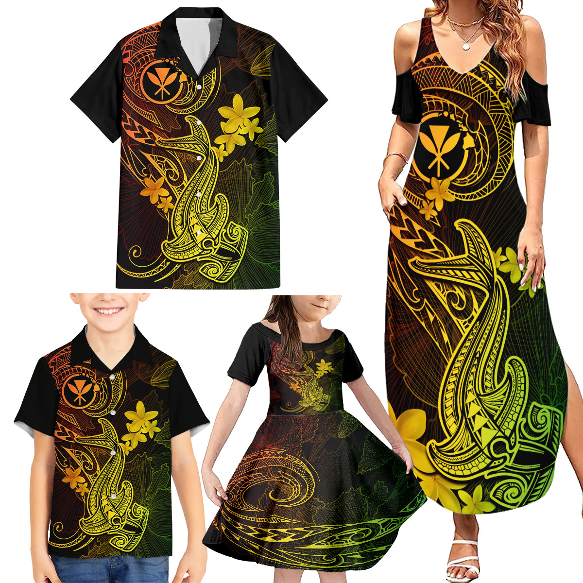 Hawaii Family Matching Summer Maxi Dress and Hawaiian Shirt Hammerhead Shark Tattoo Mix Polynesian Plumeria Reggae Version - Wonder Print Shop