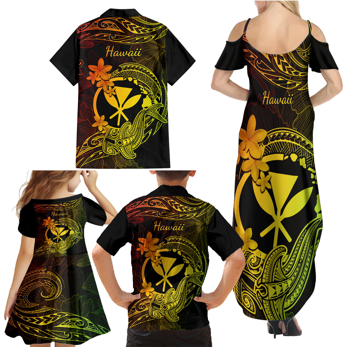 Hawaii Family Matching Summer Maxi Dress and Hawaiian Shirt Hammerhead Shark Tattoo Mix Polynesian Plumeria Reggae Version - Wonder Print Shop