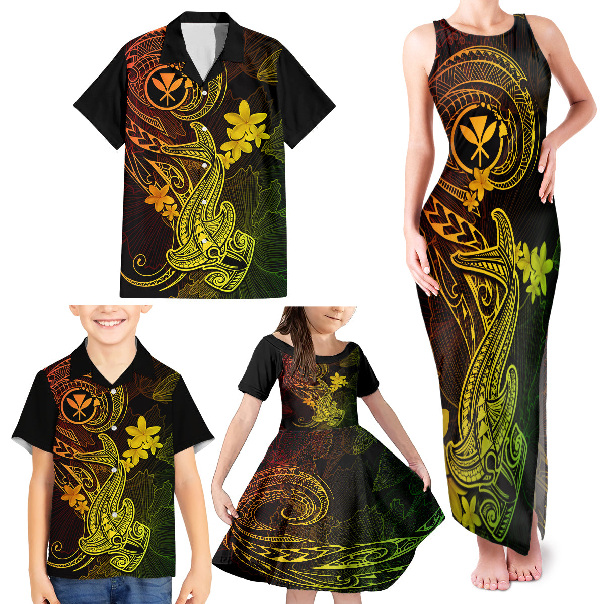 Hawaii Family Matching Tank Maxi Dress and Hawaiian Shirt Hammerhead Shark Tattoo Mix Polynesian Plumeria Reggae Version - Wonder Print Shop