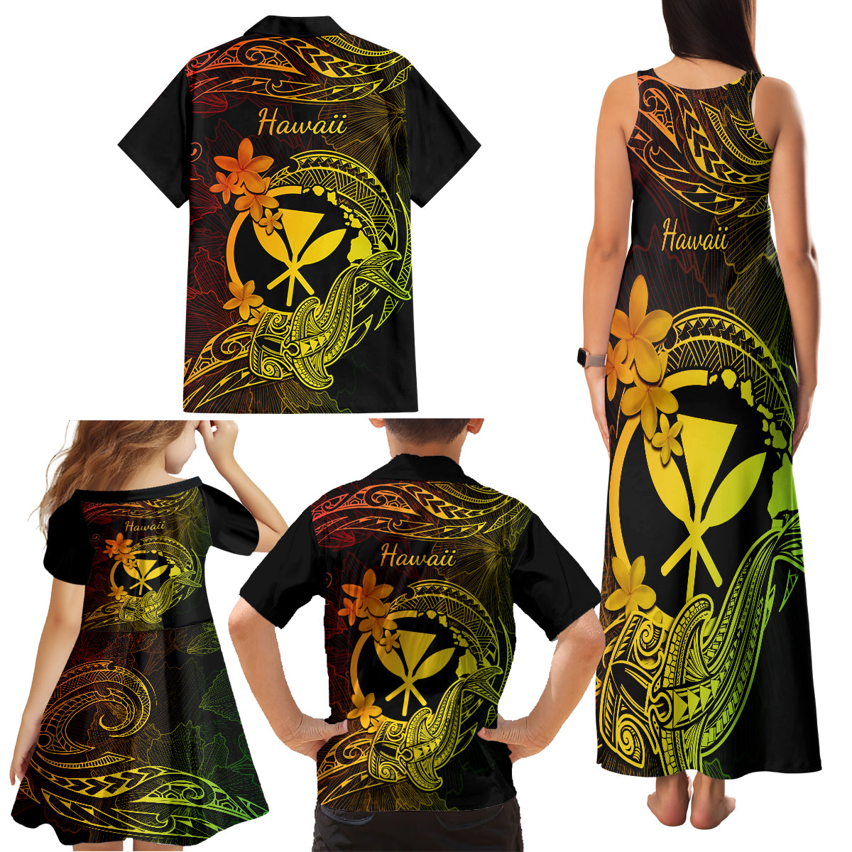 Hawaii Family Matching Tank Maxi Dress and Hawaiian Shirt Hammerhead Shark Tattoo Mix Polynesian Plumeria Reggae Version - Wonder Print Shop