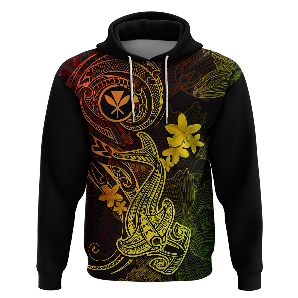 Hawaii Hoodie Hammerhead Shark Tattoo Mix Polynesian Plumeria Reggae Version - Wonder Print Shop