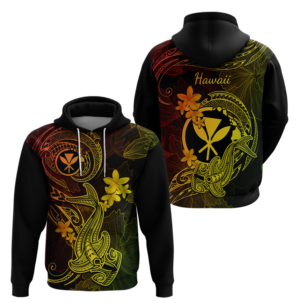 Hawaii Hoodie Hammerhead Shark Tattoo Mix Polynesian Plumeria Reggae Version - Wonder Print Shop