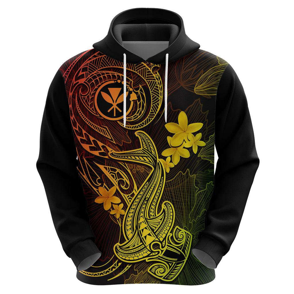 Hawaii Hoodie Hammerhead Shark Tattoo Mix Polynesian Plumeria Reggae Version - Wonder Print Shop