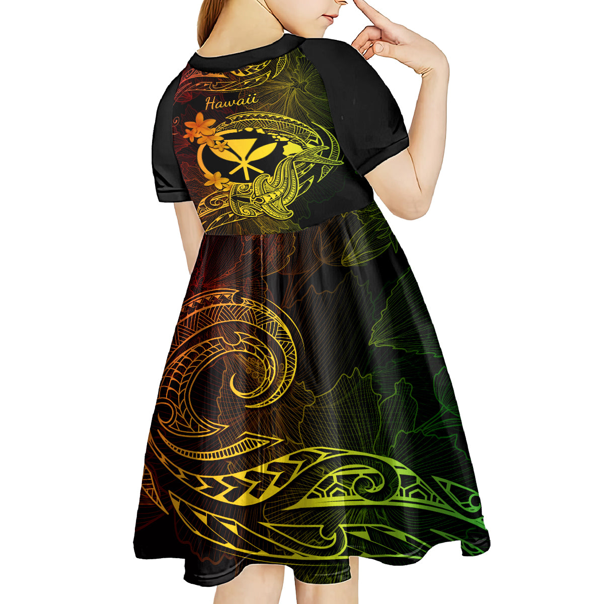 Hawaii Kid Short Sleeve Dress Hammerhead Shark Tattoo Mix Polynesian Plumeria Reggae Version - Wonder Print Shop