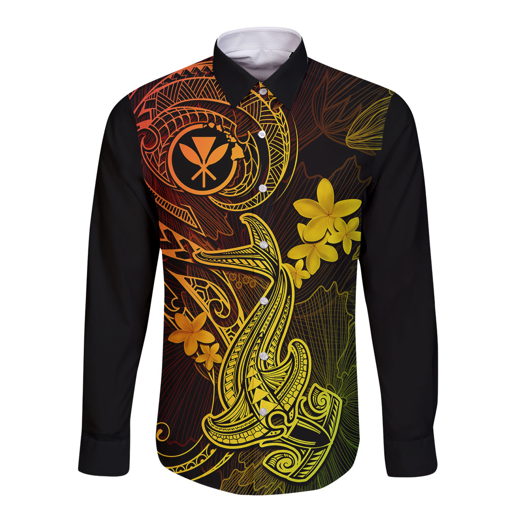 Hawaii Long Sleeve Button Shirt Hammerhead Shark Tattoo Mix Polynesian Plumeria Reggae Version - Wonder Print Shop