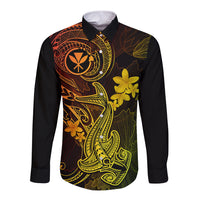 Hawaii Long Sleeve Button Shirt Hammerhead Shark Tattoo Mix Polynesian Plumeria Reggae Version - Wonder Print Shop