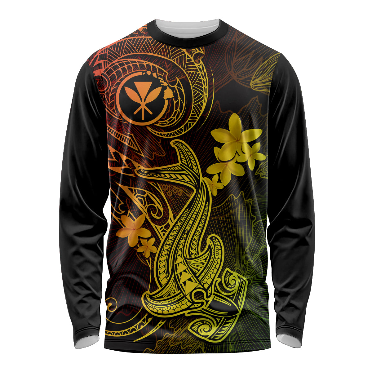 Hawaii Long Sleeve Shirt Hammerhead Shark Tattoo Mix Polynesian Plumeria Reggae Version - Wonder Print Shop