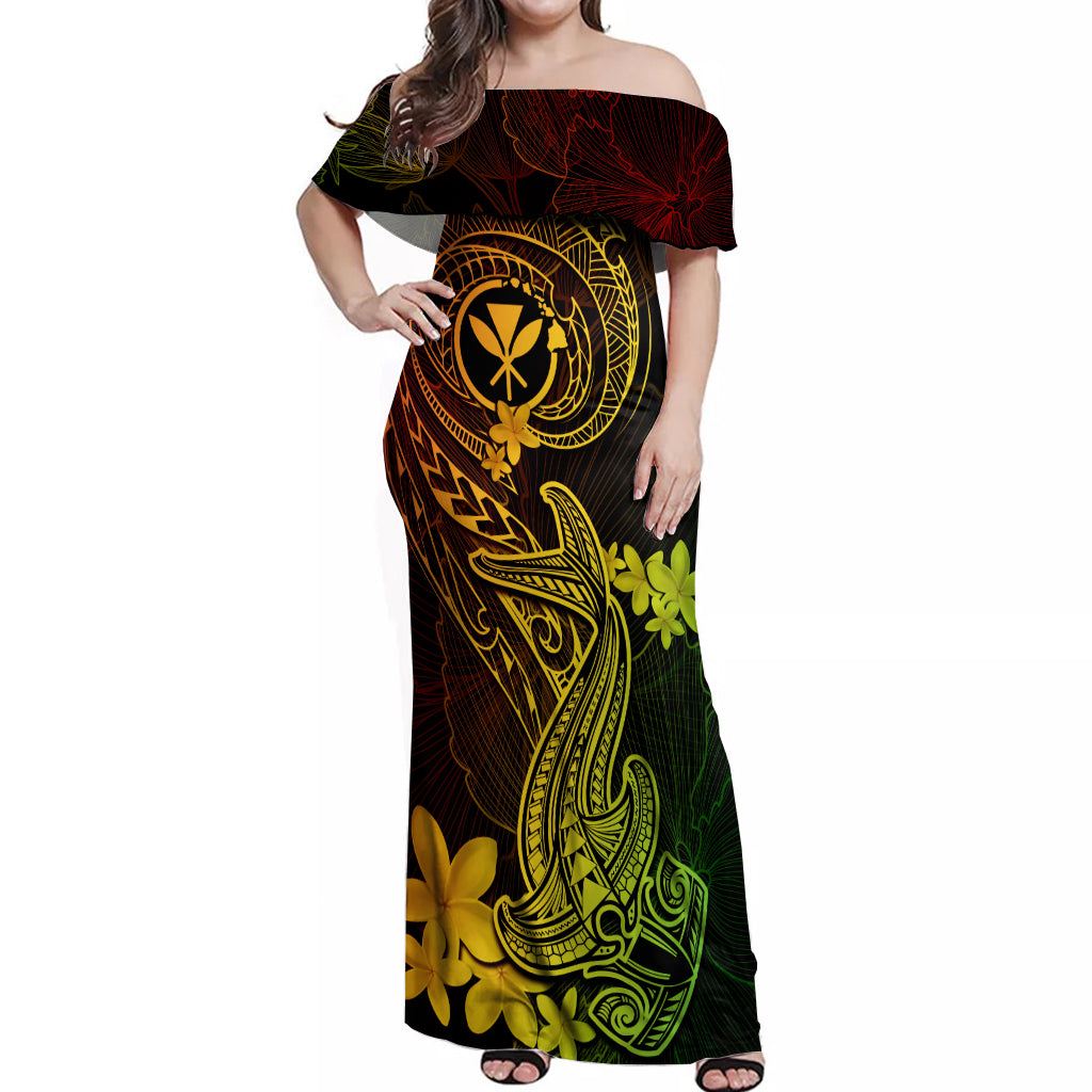 Hawaii Off Shoulder Maxi Dress Hammerhead Shark Tattoo Mix Polynesian Plumeria Reggae Version - Wonder Print Shop
