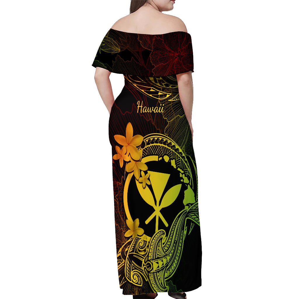 Hawaii Off Shoulder Maxi Dress Hammerhead Shark Tattoo Mix Polynesian Plumeria Reggae Version - Wonder Print Shop