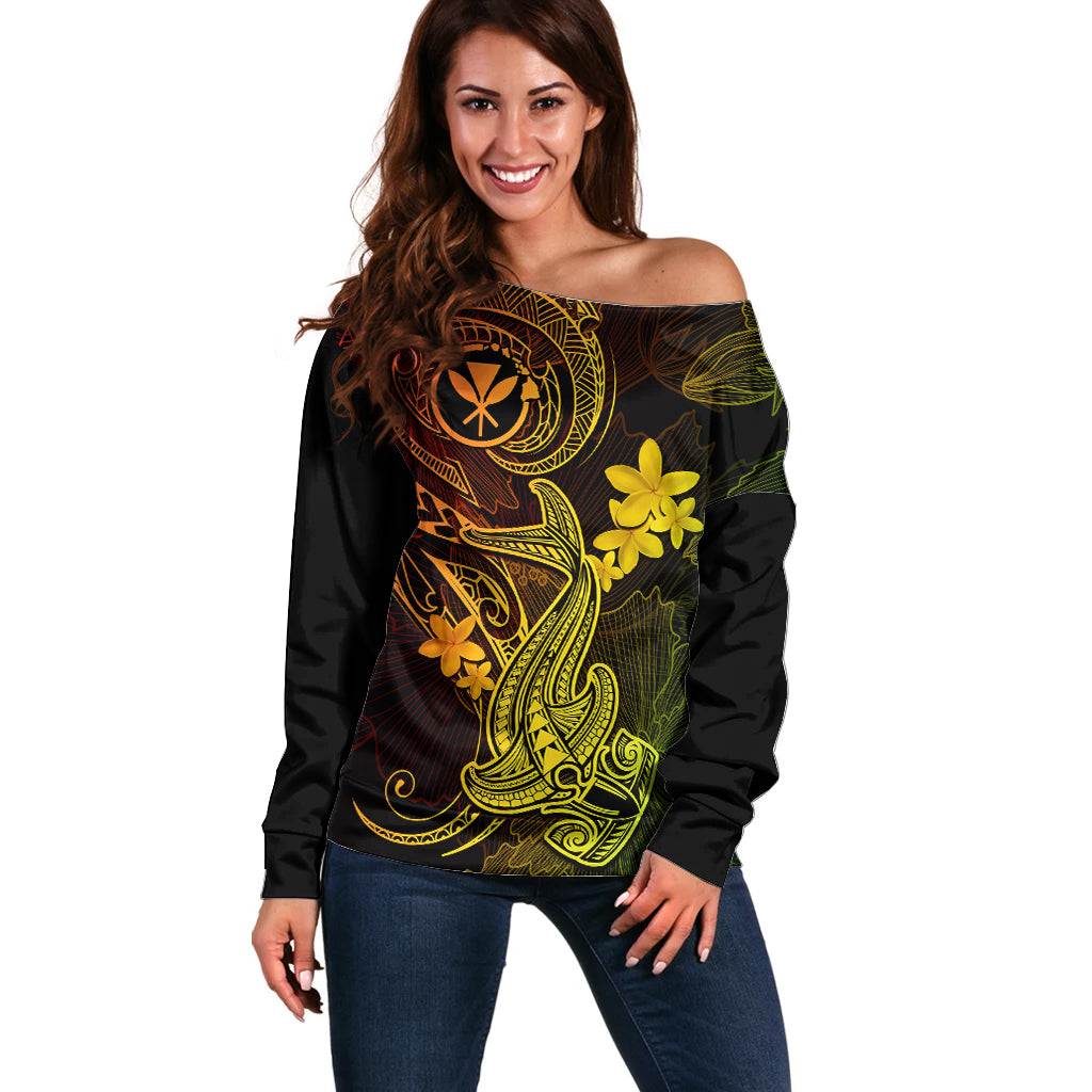 Hawaii Off Shoulder Sweater Hammerhead Shark Tattoo Mix Polynesian Plumeria Reggae Version - Wonder Print Shop