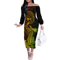 Hawaii Off The Shoulder Long Sleeve Dress Hammerhead Shark Tattoo Mix Polynesian Plumeria Reggae Version - Wonder Print Shop