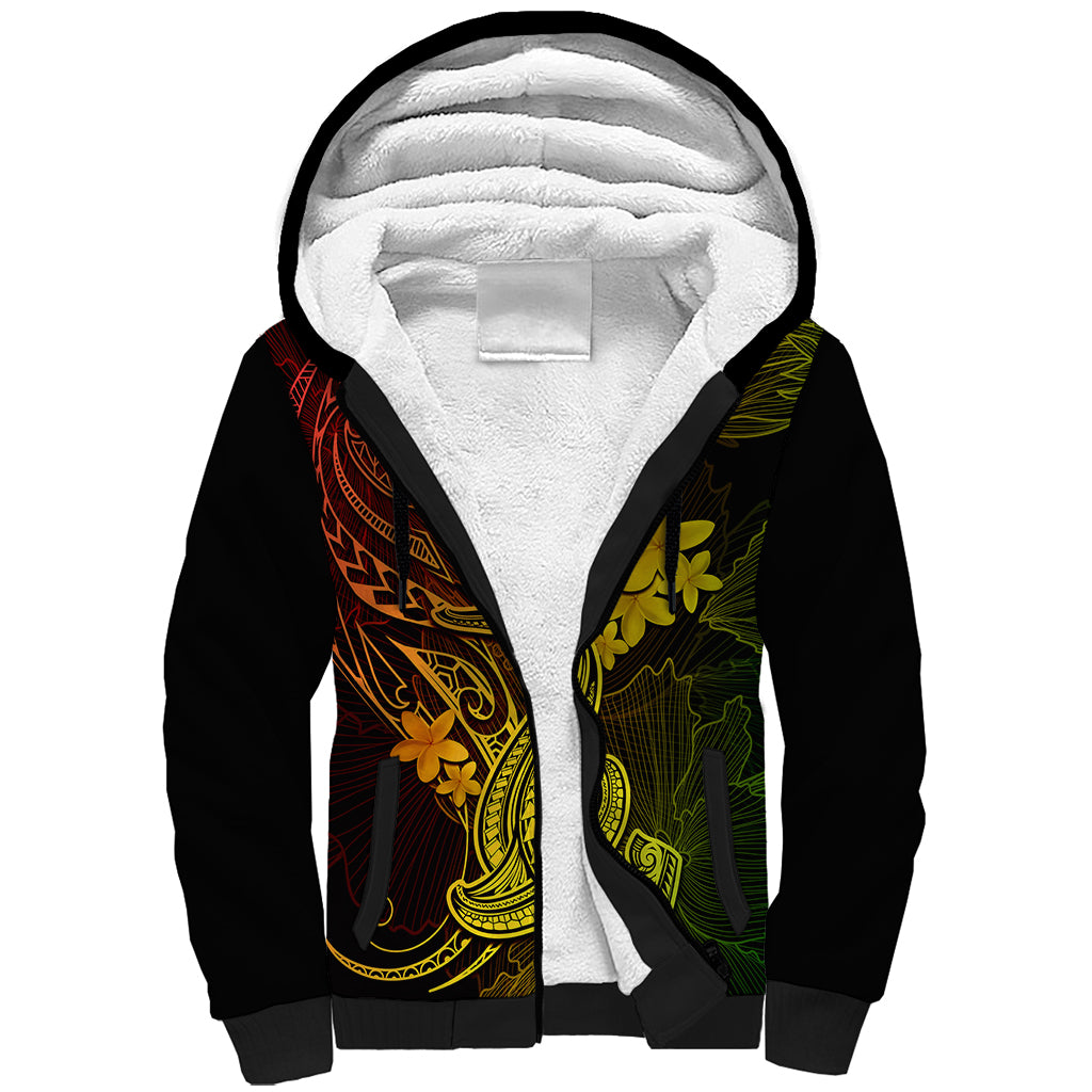 Hawaii Sherpa Hoodie Hammerhead Shark Tattoo Mix Polynesian Plumeria Reggae Version - Wonder Print Shop