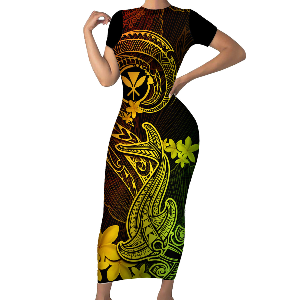 Hawaii Short Sleeve Bodycon Dress Hammerhead Shark Tattoo Mix Polynesian Plumeria Reggae Version - Wonder Print Shop