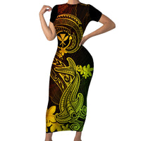 Hawaii Short Sleeve Bodycon Dress Hammerhead Shark Tattoo Mix Polynesian Plumeria Reggae Version - Wonder Print Shop