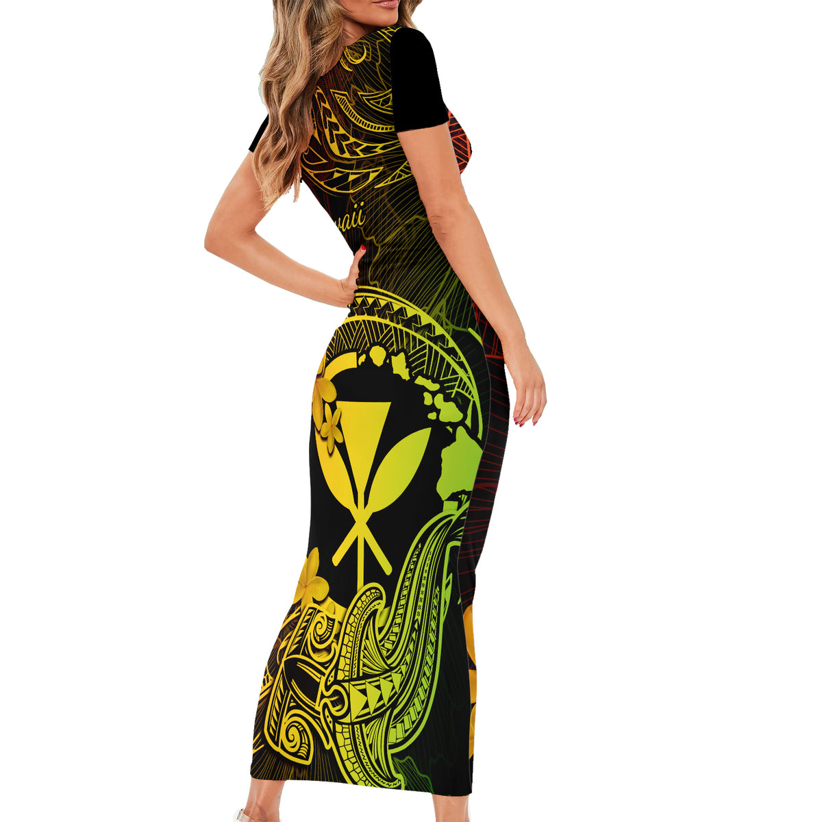 Hawaii Short Sleeve Bodycon Dress Hammerhead Shark Tattoo Mix Polynesian Plumeria Reggae Version - Wonder Print Shop