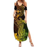 Hawaii Summer Maxi Dress Hammerhead Shark Tattoo Mix Polynesian Plumeria Reggae Version - Wonder Print Shop