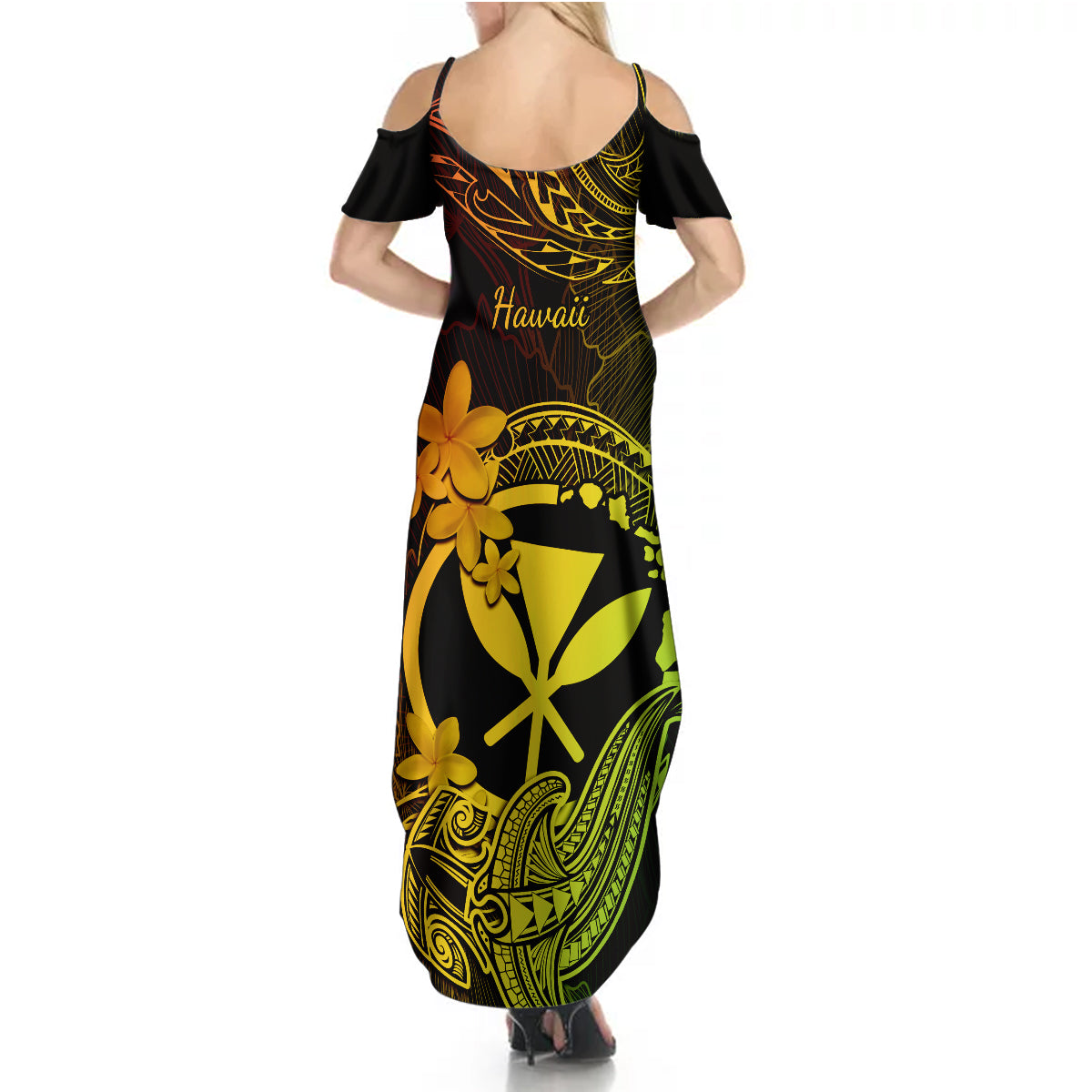 Hawaii Summer Maxi Dress Hammerhead Shark Tattoo Mix Polynesian Plumeria Reggae Version - Wonder Print Shop