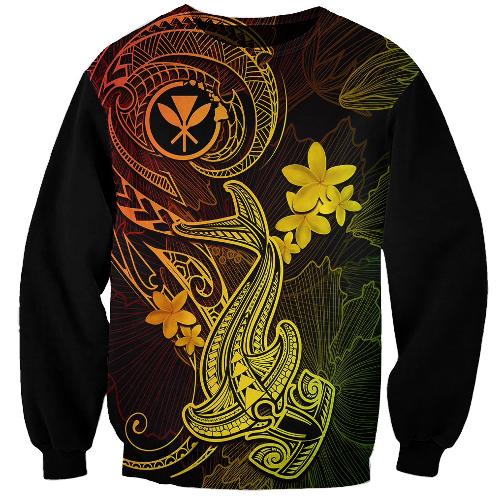 Hawaii Sweatshirt Hammerhead Shark Tattoo Mix Polynesian Plumeria Reggae Version - Wonder Print Shop