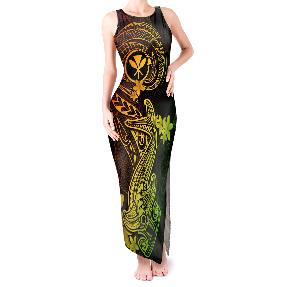 Hawaii Tank Maxi Dress Hammerhead Shark Tattoo Mix Polynesian Plumeria Reggae Version - Wonder Print Shop