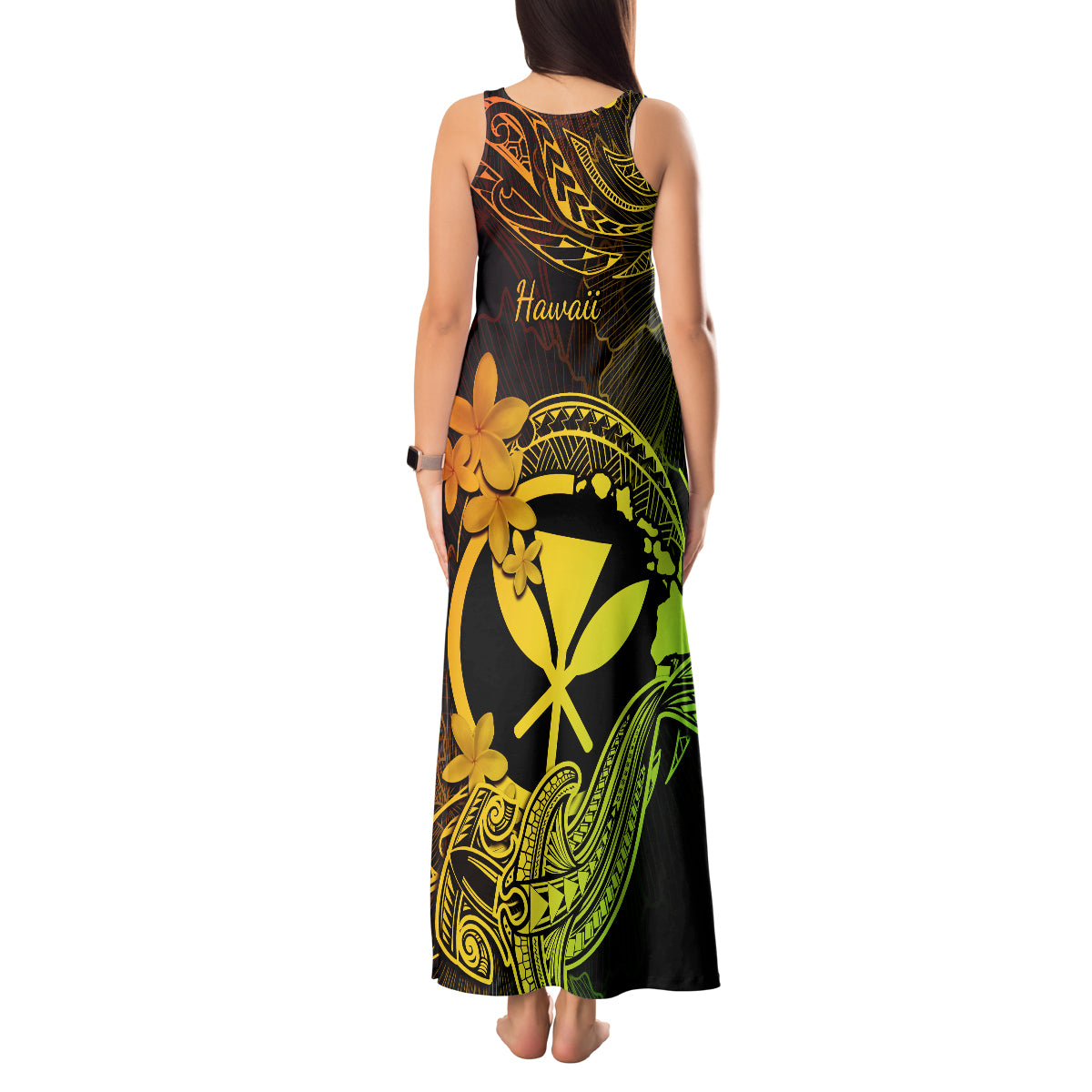 Hawaii Tank Maxi Dress Hammerhead Shark Tattoo Mix Polynesian Plumeria Reggae Version - Wonder Print Shop