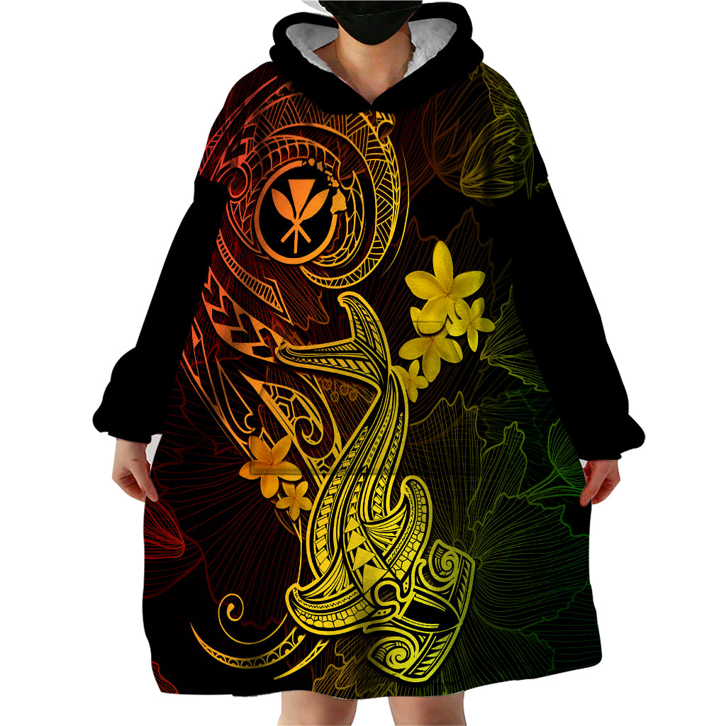 Hawaii Wearable Blanket Hoodie Hammerhead Shark Tattoo Mix Polynesian Plumeria Reggae Version - Wonder Print Shop