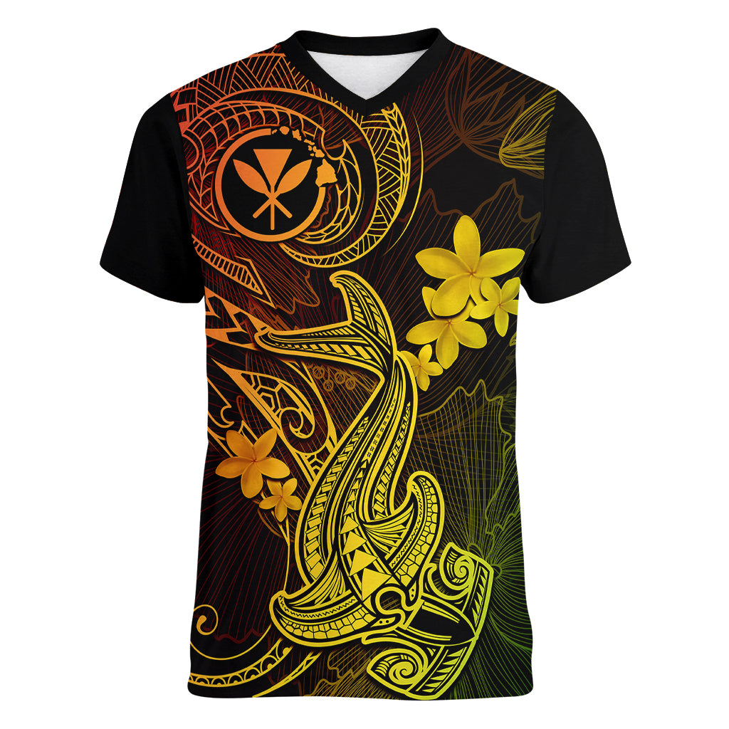 Hawaii Women V Neck T Shirt Hammerhead Shark Tattoo Mix Polynesian Plumeria Reggae Version - Wonder Print Shop