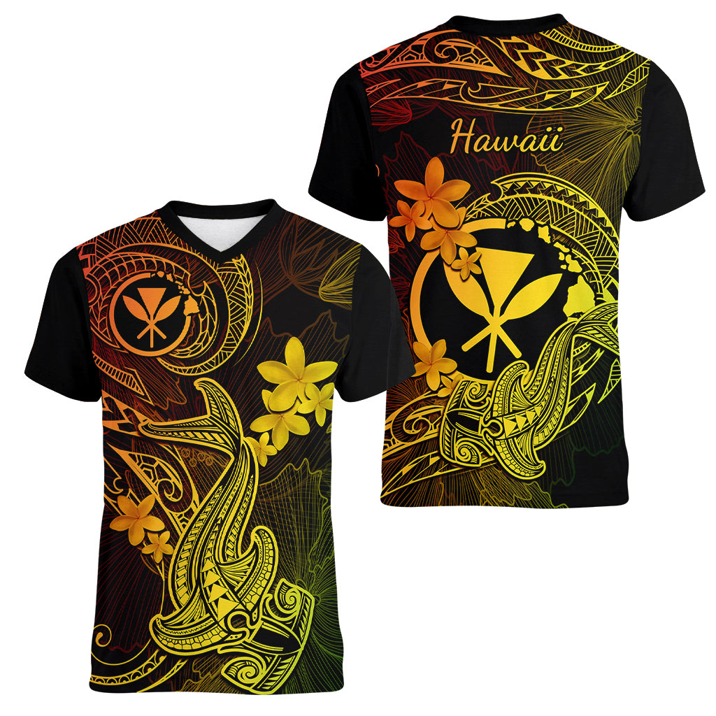 Hawaii Women V Neck T Shirt Hammerhead Shark Tattoo Mix Polynesian Plumeria Reggae Version - Wonder Print Shop