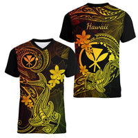 Hawaii Women V Neck T Shirt Hammerhead Shark Tattoo Mix Polynesian Plumeria Reggae Version - Wonder Print Shop