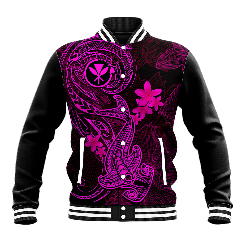 Hawaii Baseball Jacket Hammerhead Shark Tattoo Mix Polynesian Plumeria Pink Version - Wonder Print Shop