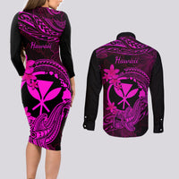 Hawaii Couples Matching Long Sleeve Bodycon Dress and Long Sleeve Button Shirts Hammerhead Shark Tattoo Mix Polynesian Plumeria Pink Version - Wonder Print Shop
